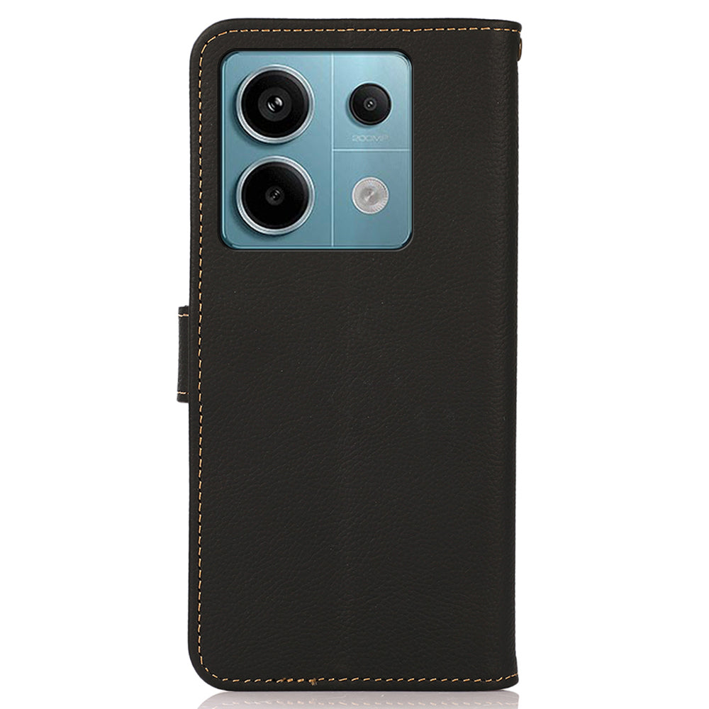 KHAZNEH For Xiaomi Redmi Note 13 5G/13 5G (China) Case Wallet Stand Genuine Cow Leather Smartphone Cover - Black