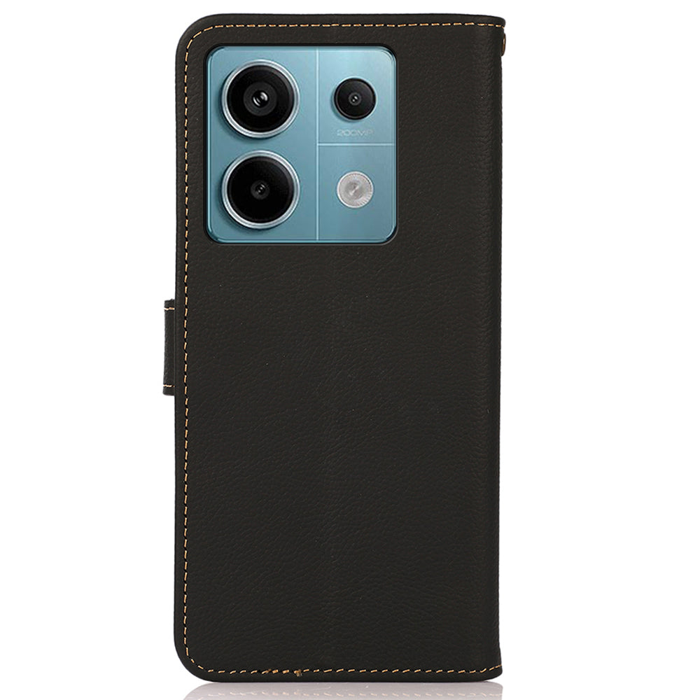 KHAZNEH For Xiaomi Redmi Note 13 Pro 5G / Poco X6 5G Case RFID Blocking Genuine Cow Leather Card Slot Phone Cover - Black