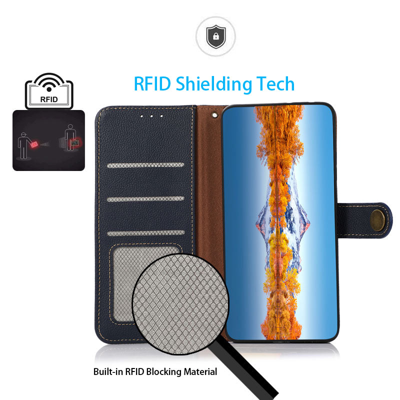 KHAZNEH For Xiaomi Redmi Note 13 Pro 5G / Poco X6 5G Case RFID Blocking Genuine Cow Leather Card Slot Phone Cover - Blue