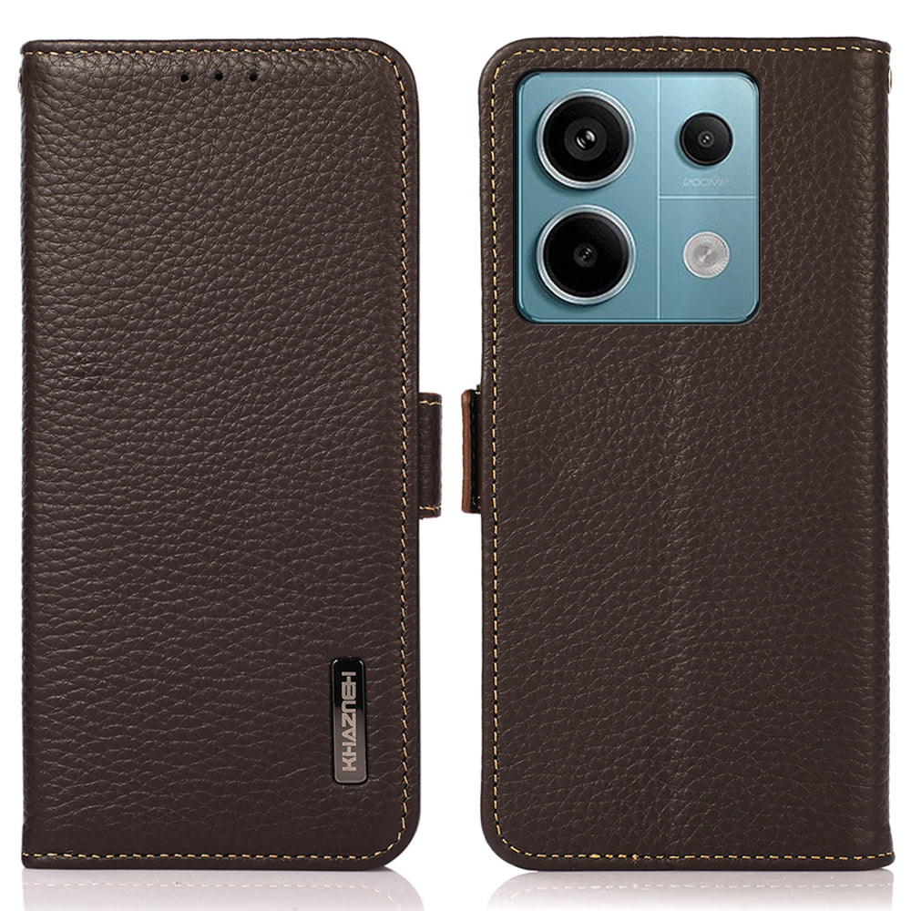 KHAZNEH For Xiaomi Redmi Note 13 Pro 5G / Poco X6 5G Case Litchi Texture RFID Blocking Phone Protector - Brown