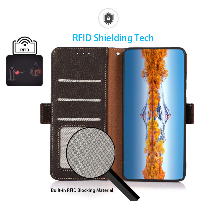 KHAZNEH For Xiaomi Redmi Note 13 Pro 5G / Poco X6 5G Case Litchi Texture RFID Blocking Phone Protector - Brown