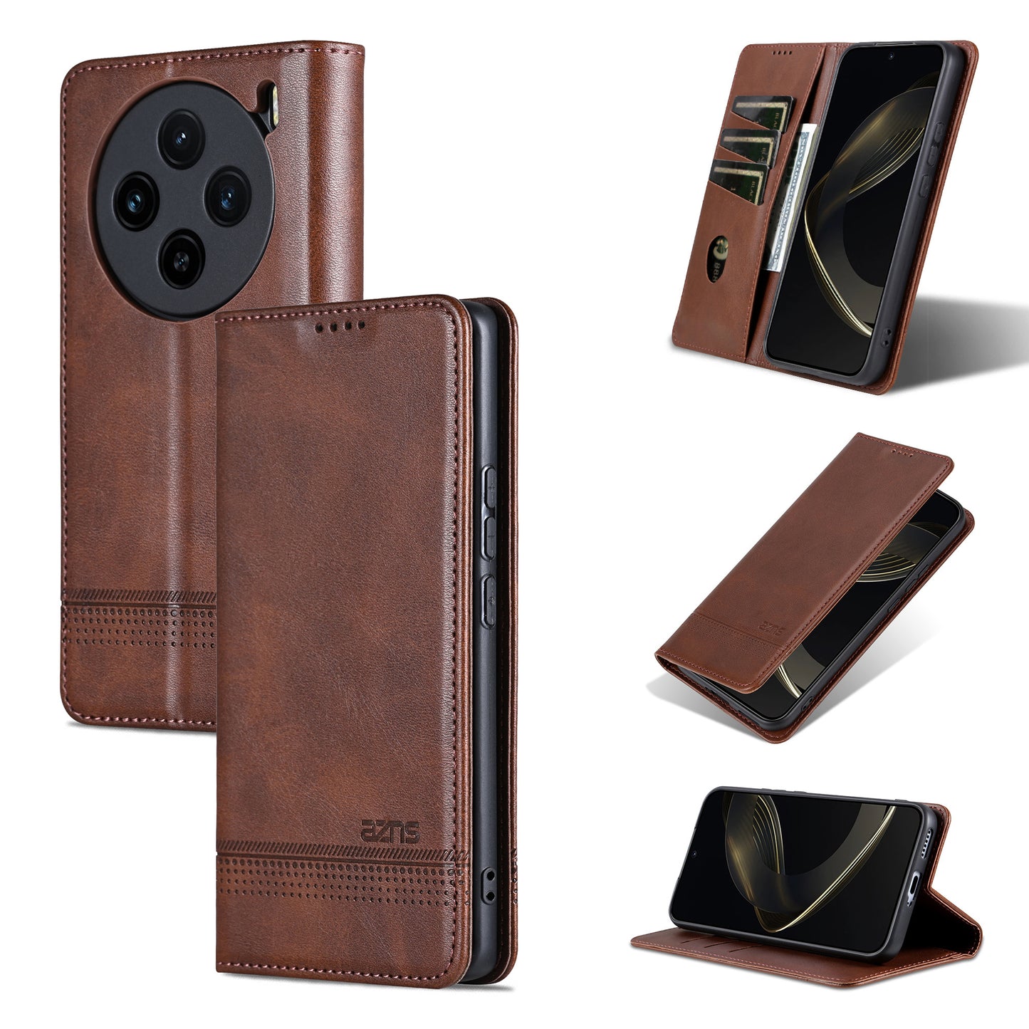 AZNS For vivo X100 5G Phone Case Flip Stand PU Leather Protective Cover - Coffee