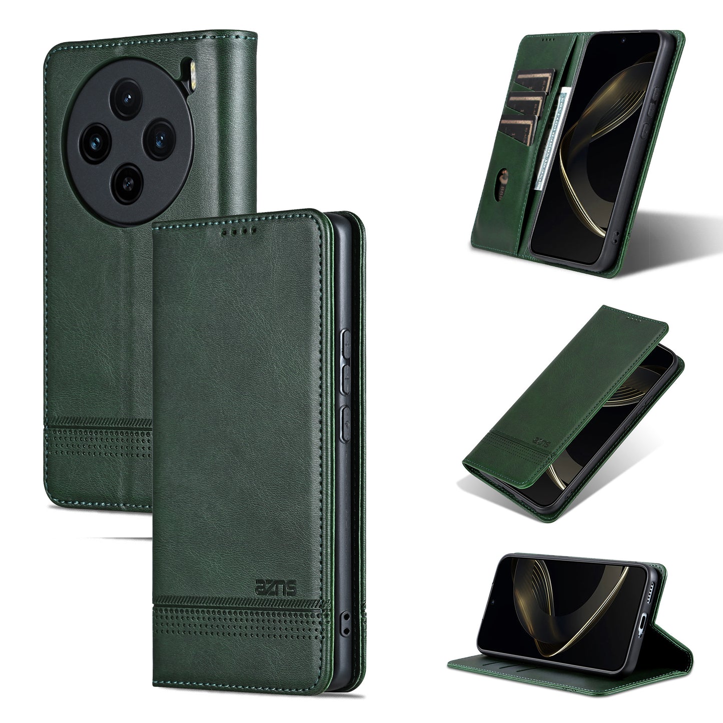 AZNS For vivo X100 5G Phone Case Flip Stand PU Leather Protective Cover - Green