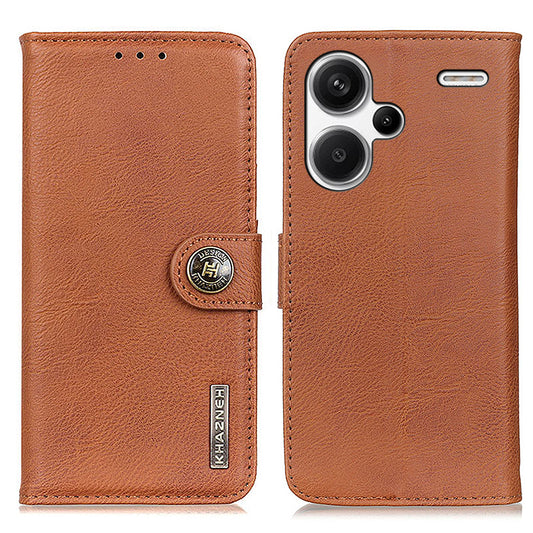 KHAZNEH For Xiaomi Redmi Note 13 Pro+ 5G Cell Phone Cases Cowhide Texture Stand Wallet Cover - Brown