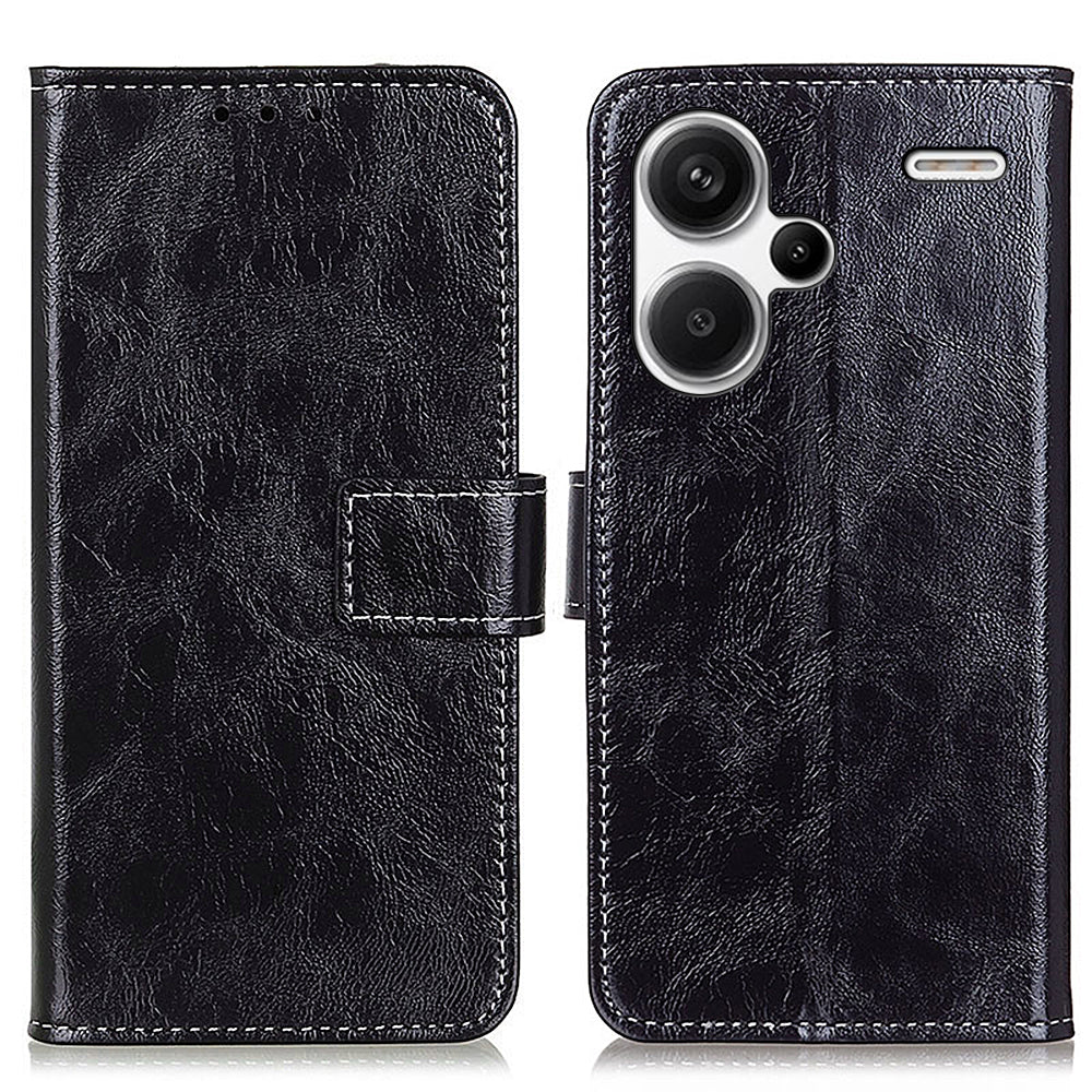 For Xiaomi Redmi Note 13 Pro+ 5G Cell Phone Case PU Leather Crazy Horse Texture Wallet Cover - Black