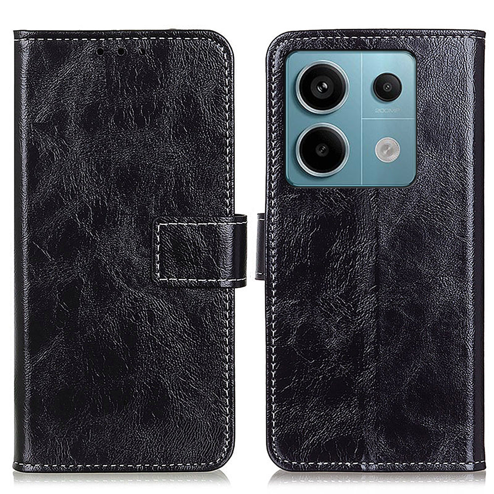 For Xiaomi Redmi Note 13 Pro 5G / Poco X6 5G Cell Phone Case Folio Flip Crazy Horse Texture Leather Cover - Black