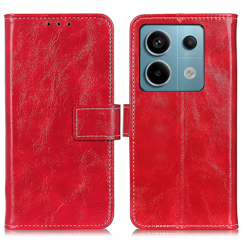 For Xiaomi Redmi Note 13 Pro 5G / Poco X6 5G Cell Phone Case Folio Flip Crazy Horse Texture Leather Cover - Red