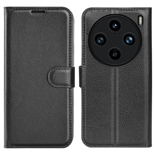 For vivo X100 Pro 5G Cell Phone Case Litchi Texture Leather Wallet Anti-shock Cover - Black
