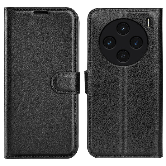 For vivo X100 5G Cell Phone Case Litchi Texture Shockproof Leather Stand Cover - Black