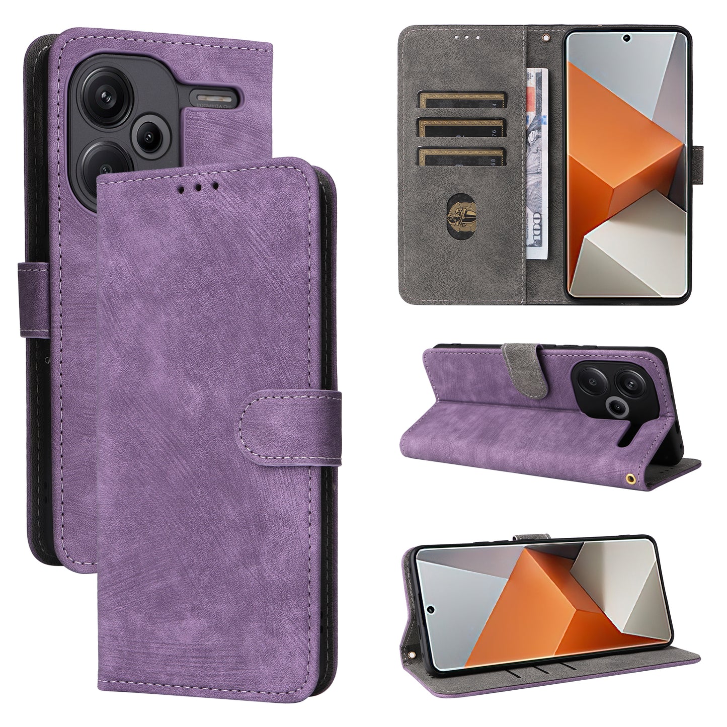 For Xiaomi Redmi Note 13 Pro+ 5G Wallet Phone Case RFID Blocking PU Leather Flip Phone Cover with Strap - Purple