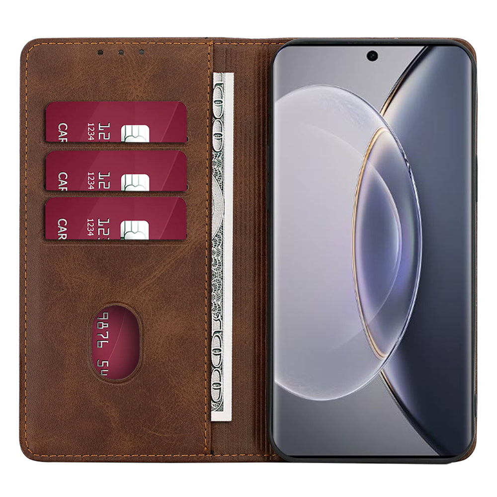 For vivo X100 5G Magnetic Phone Case Anti-drop PU Leather+TPU Calf Texture Stand Cover - Brown