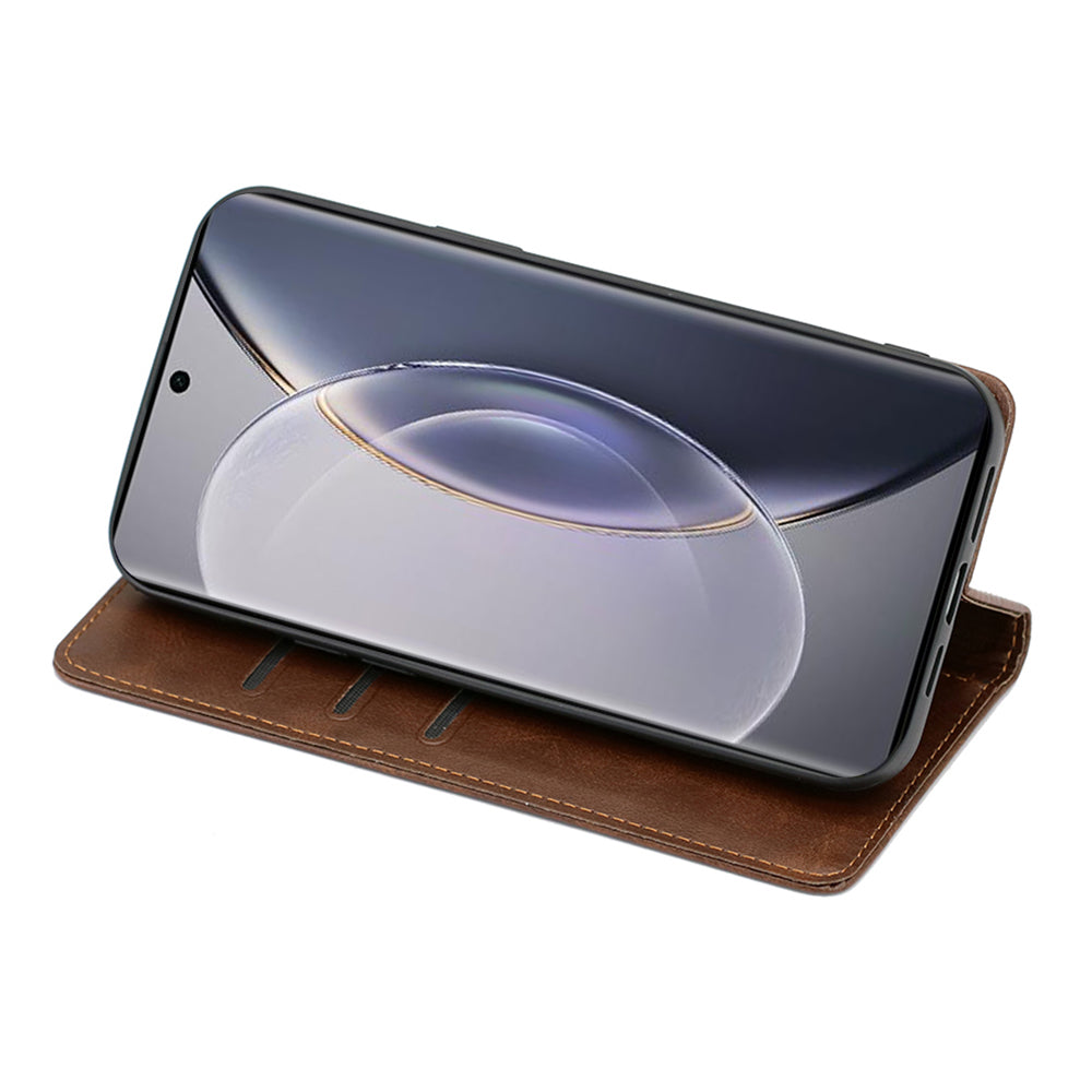 For vivo X100 5G Magnetic Phone Case Anti-drop PU Leather+TPU Calf Texture Stand Cover - Brown