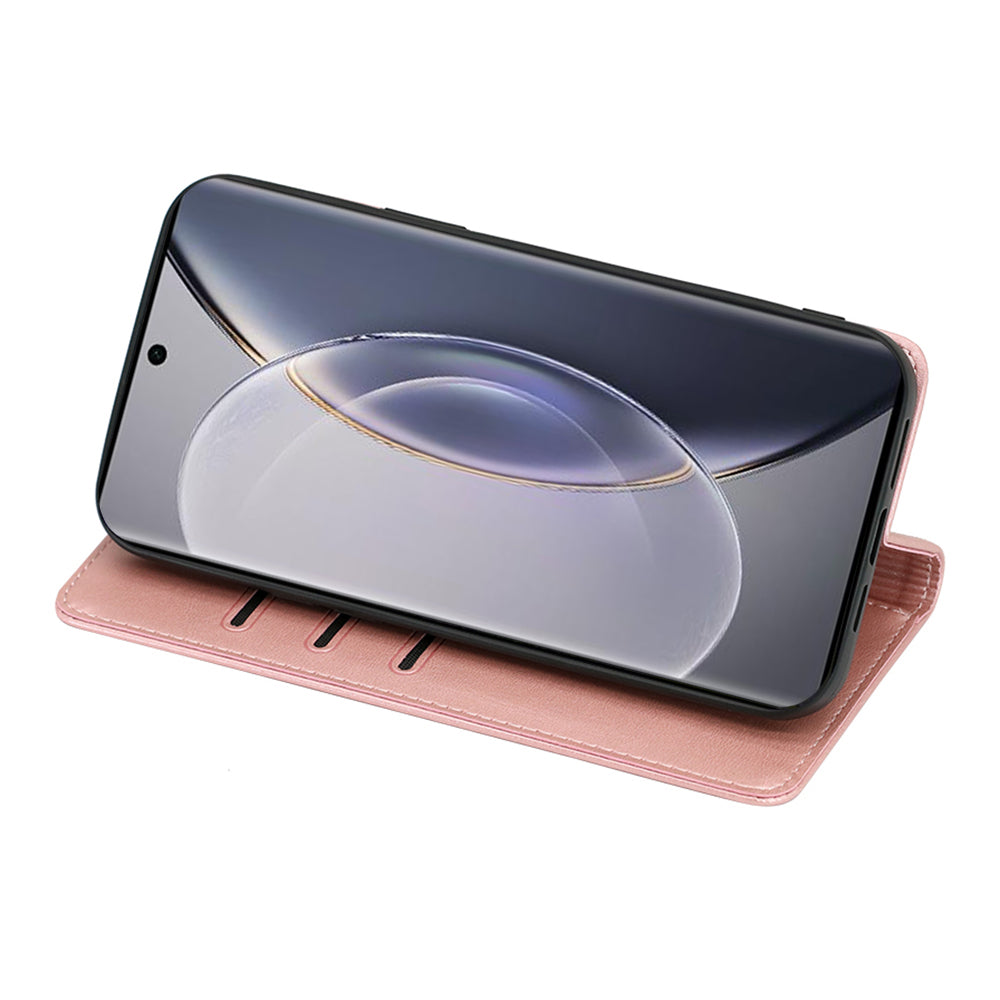 For vivo X100 5G Magnetic Phone Case Anti-drop PU Leather+TPU Calf Texture Stand Cover - Rose Gold