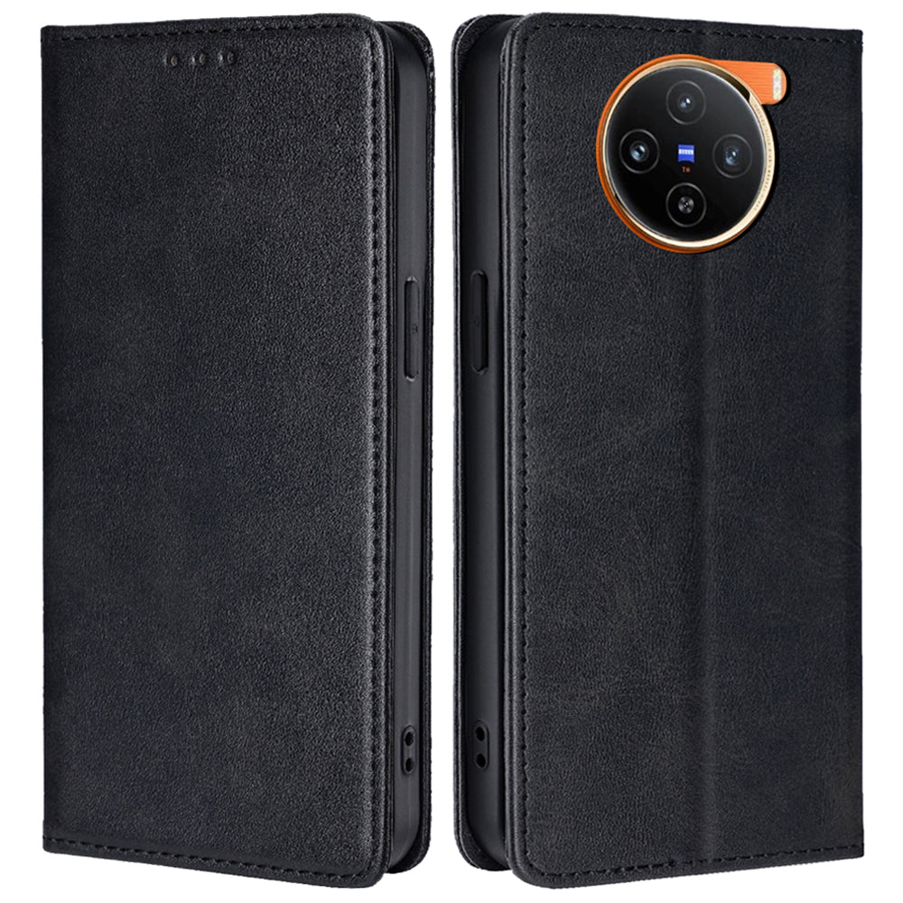 For vivo X100 5G Magnetic Phone Case Anti-drop PU Leather+TPU Calf Texture Stand Cover - Black