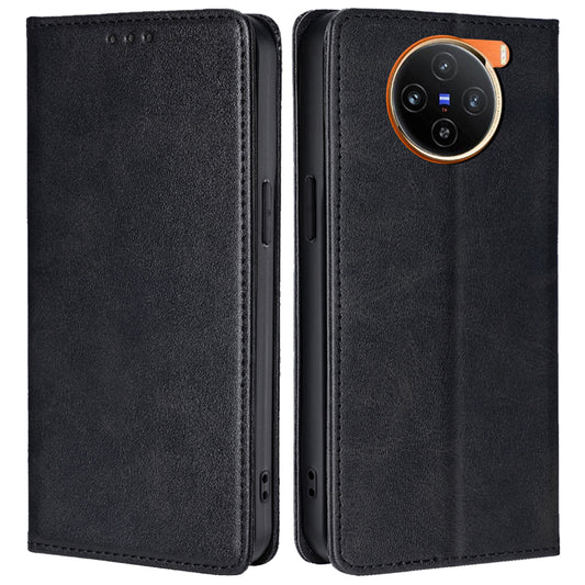 For vivo X100 5G Magnetic Phone Case Anti-drop PU Leather+TPU Calf Texture Stand Cover - Black