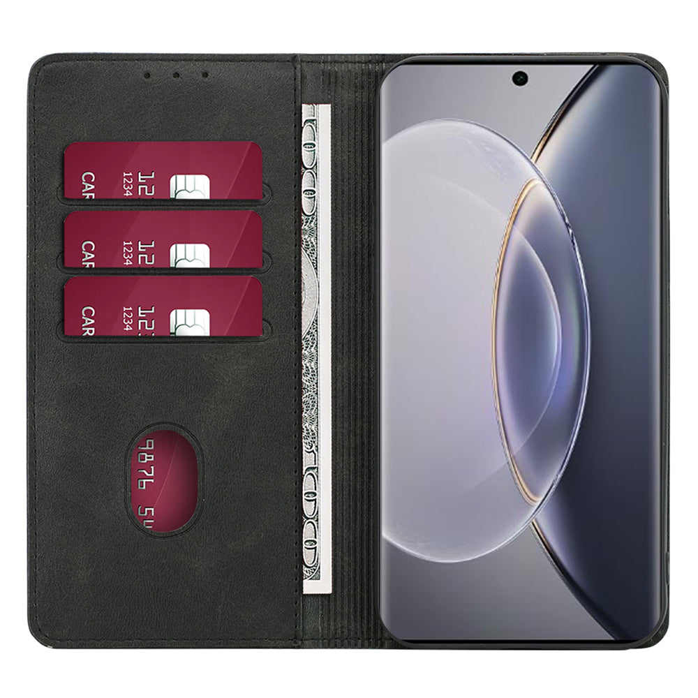 For vivo X100 5G Magnetic Phone Case Anti-drop PU Leather+TPU Calf Texture Stand Cover - Black