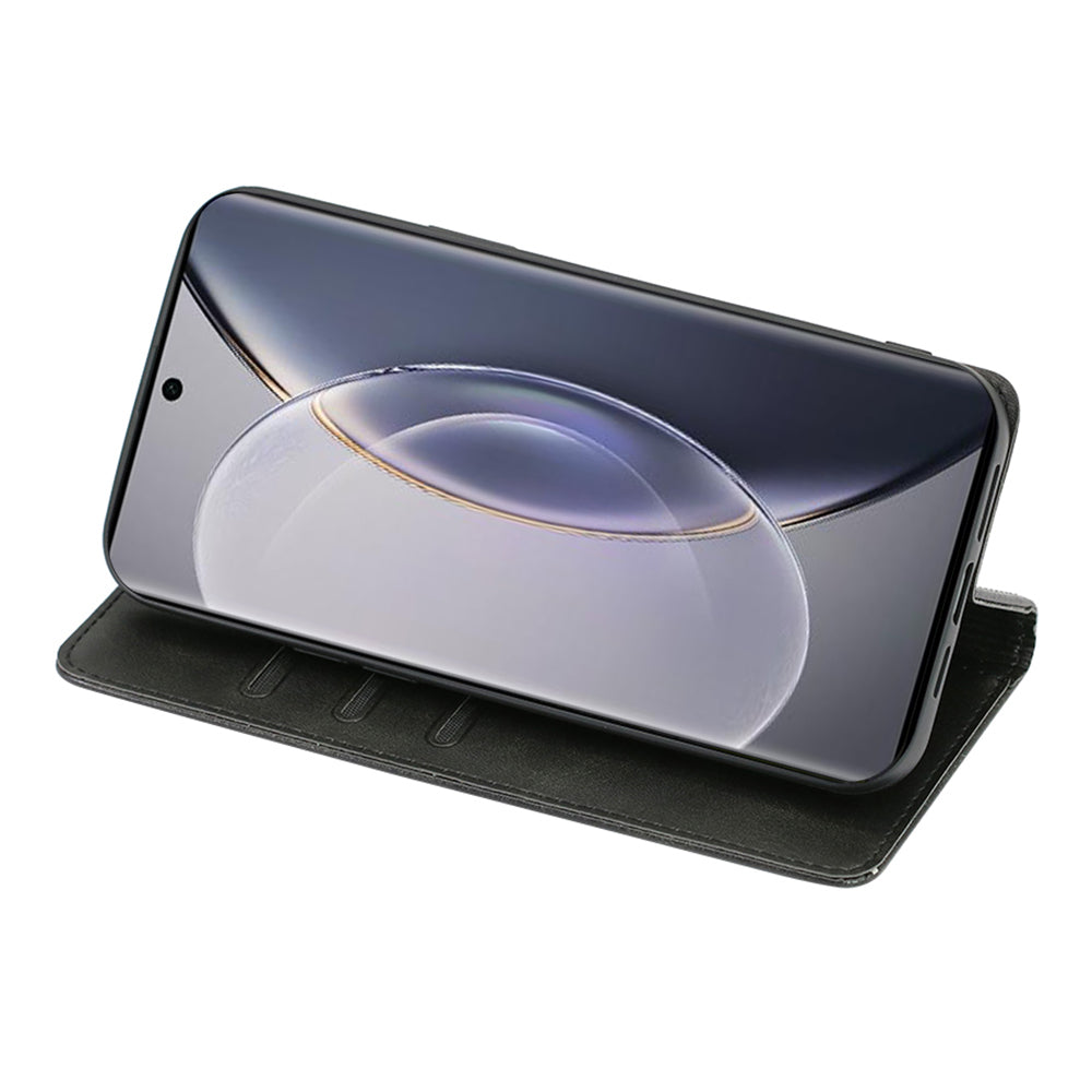For vivo X100 5G Magnetic Phone Case Anti-drop PU Leather+TPU Calf Texture Stand Cover - Black