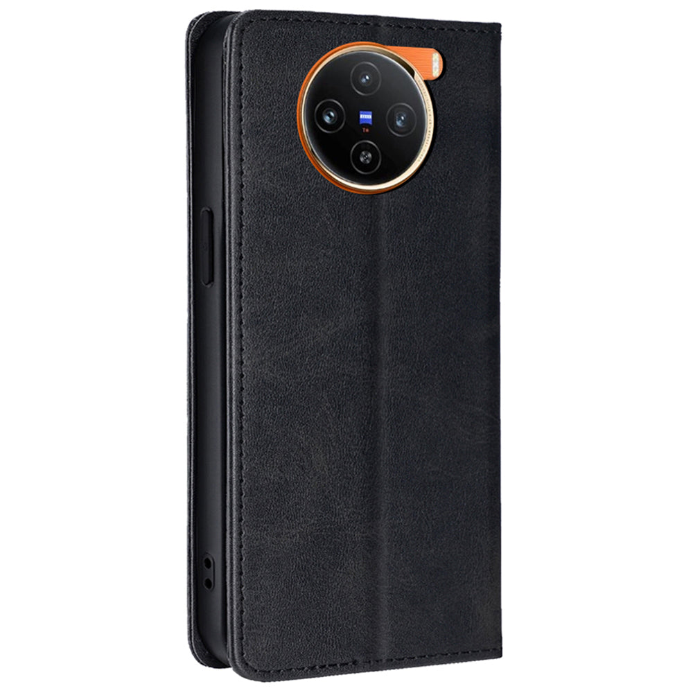 For vivo X100 5G Magnetic Phone Case Anti-drop PU Leather+TPU Calf Texture Stand Cover - Black