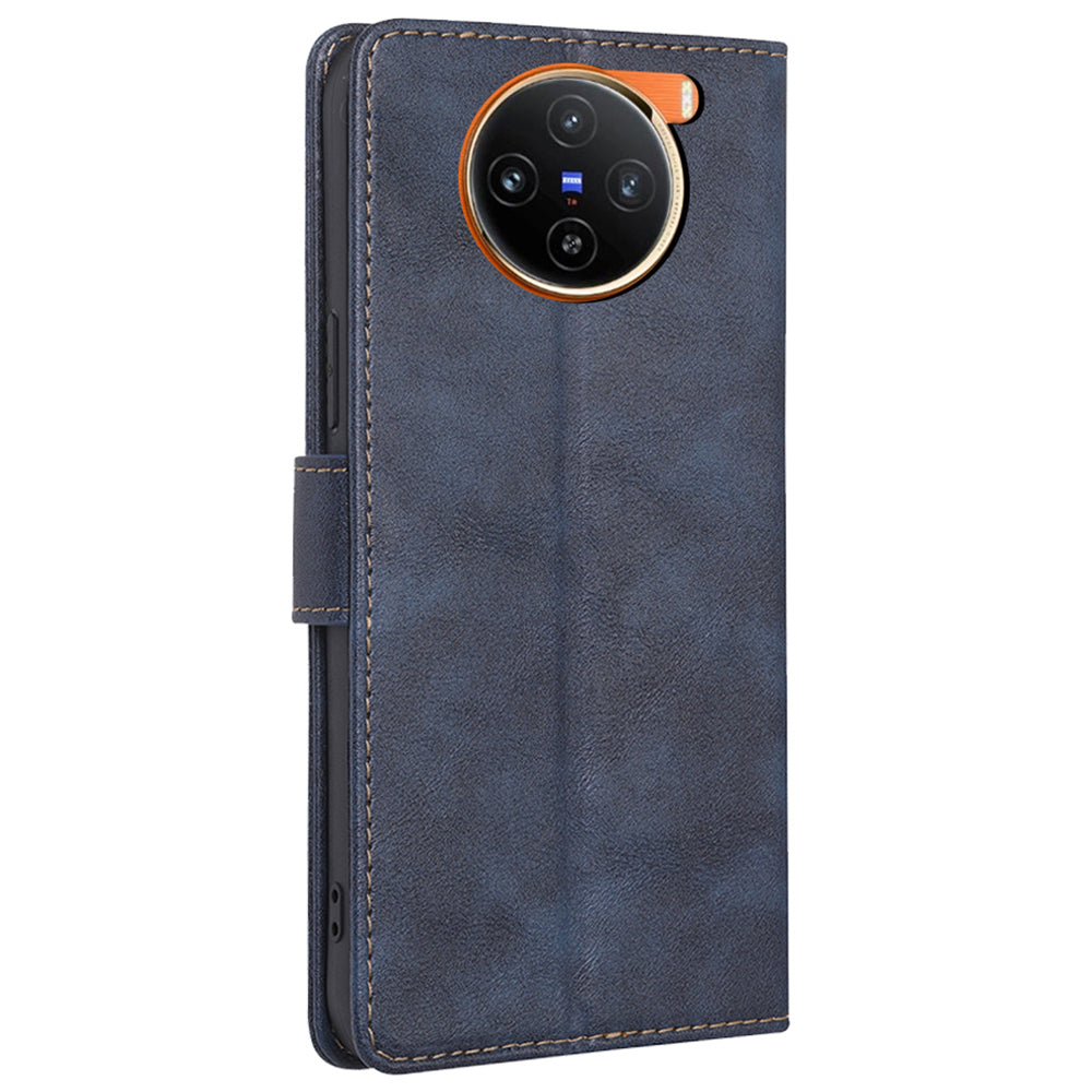 For vivo X100 5G Phone Case Stand Folio Cover with RFID Blocking 3 Card Slot - Blue