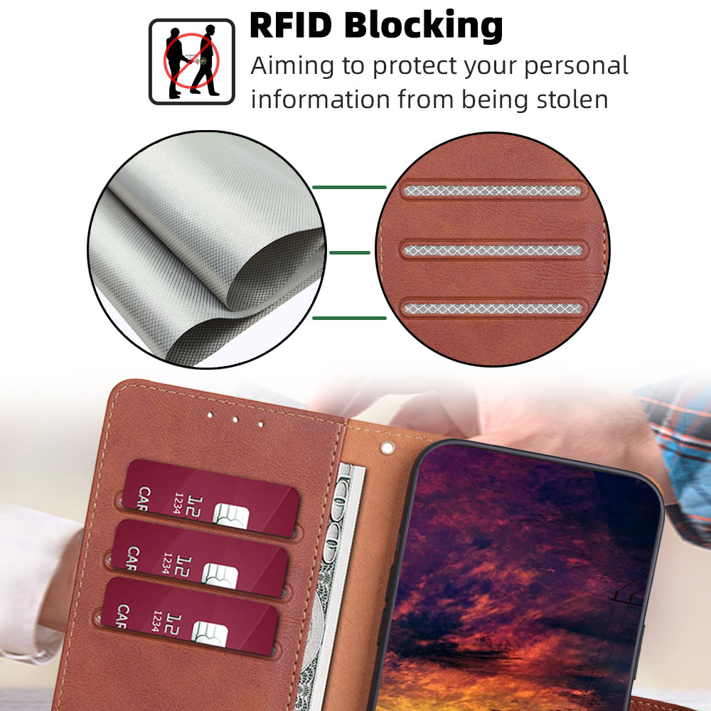 For vivo X100 5G Phone Case Stand Folio Cover with RFID Blocking 3 Card Slot - Brown