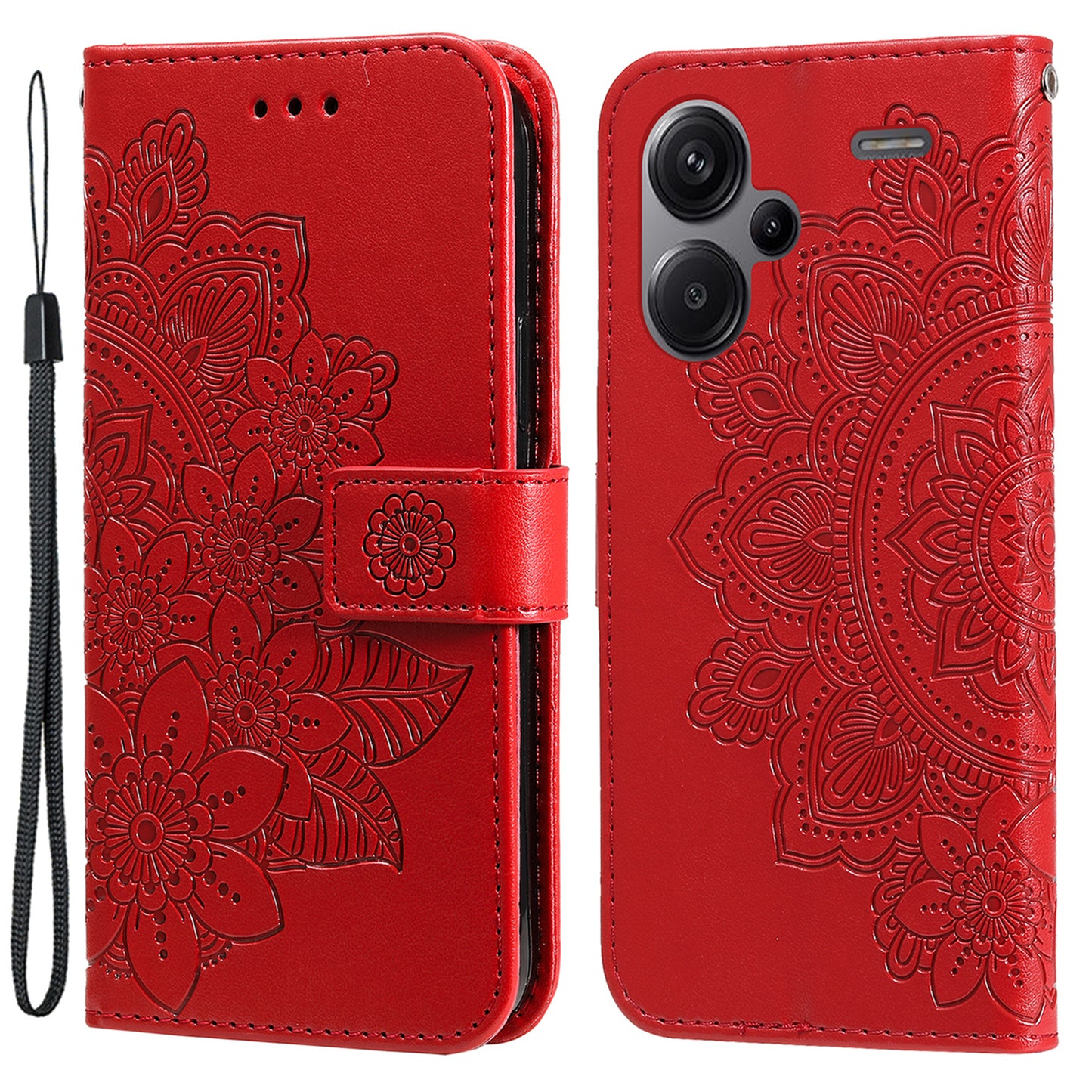For Xiaomi Redmi Note 13 Pro+ 5G Case with Stand Blossoming Flower Leather Wallet Cover - Red