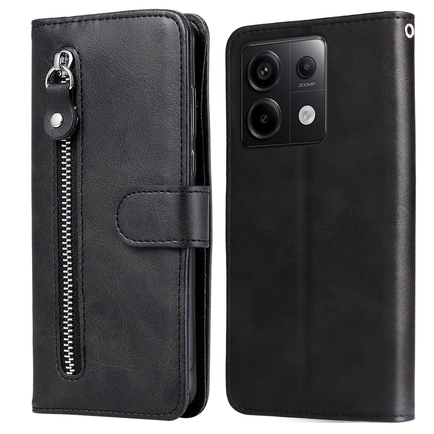 For Xiaomi Redmi Note 13 Pro 5G / Poco X6 5G Case Leather Phone Cover Zipper Wallet Stand - Black