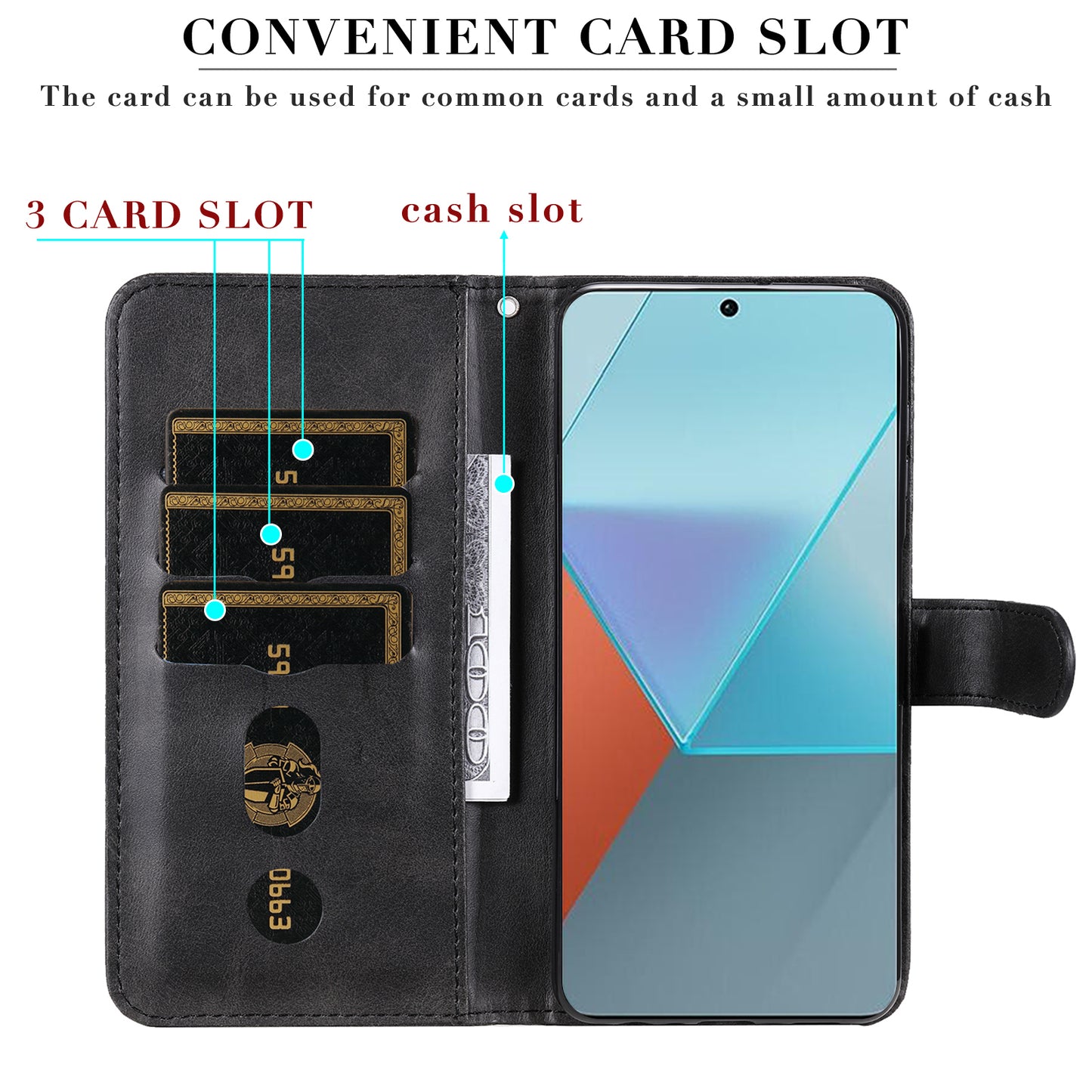 For Xiaomi Redmi Note 13 Pro 5G / Poco X6 5G Case Leather Phone Cover Zipper Wallet Stand - Black