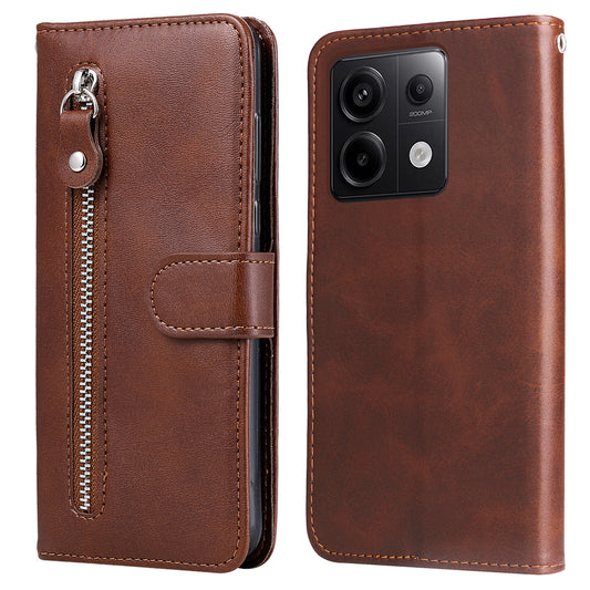 For Xiaomi Redmi Note 13 Pro 5G / Poco X6 5G Case Leather Phone Cover Zipper Wallet Stand - Brown