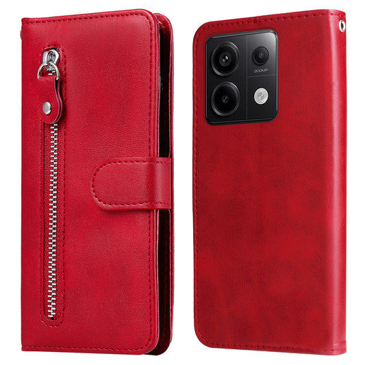For Xiaomi Redmi Note 13 Pro 5G / Poco X6 5G Case Leather Phone Cover Zipper Wallet Stand - Red