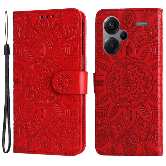 For Xiaomi Redmi Note 13 Pro+ 5G Leather Case Wallet Cover Stand with Strap, Sunflower Pattern - Red