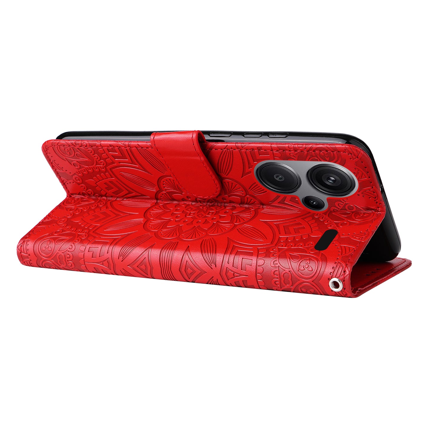 For Xiaomi Redmi Note 13 Pro+ 5G Leather Case Wallet Cover Stand with Strap, Sunflower Pattern - Red