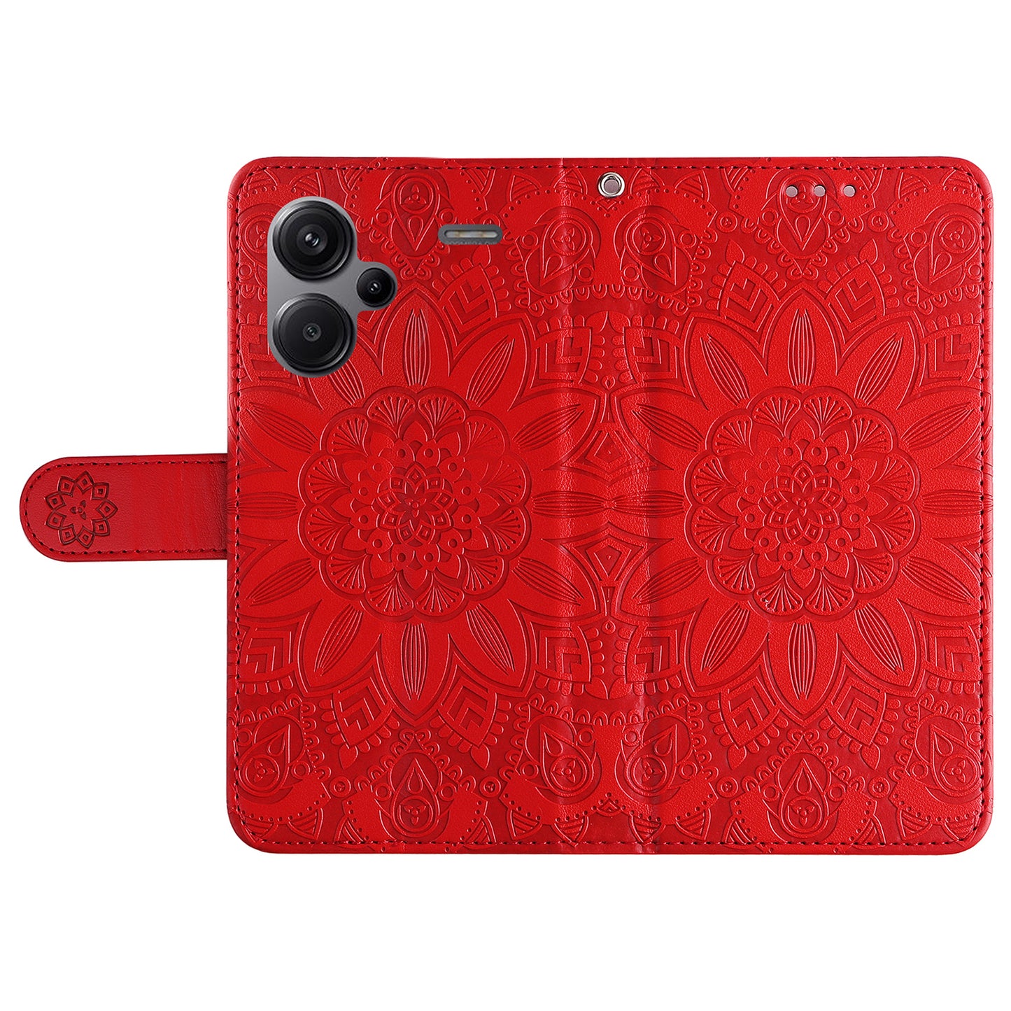 For Xiaomi Redmi Note 13 Pro+ 5G Leather Case Wallet Cover Stand with Strap, Sunflower Pattern - Red