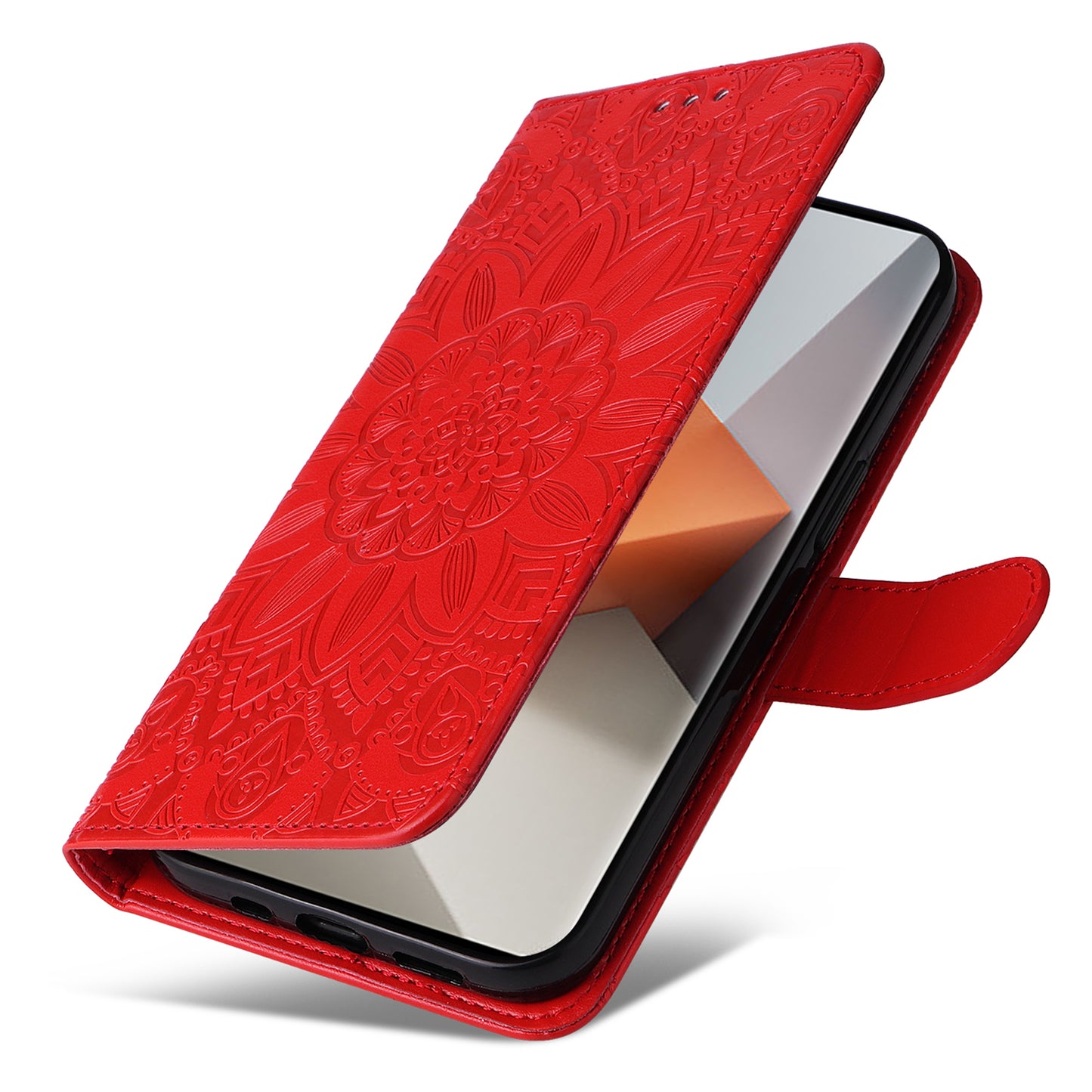For Xiaomi Redmi Note 13 Pro+ 5G Leather Case Wallet Cover Stand with Strap, Sunflower Pattern - Red