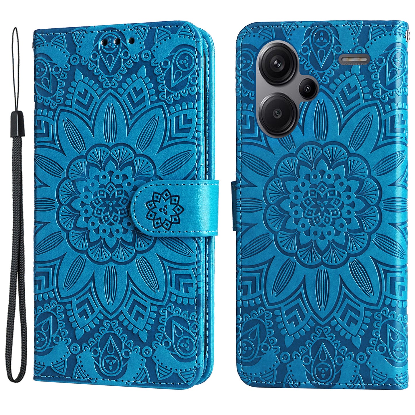 For Xiaomi Redmi Note 13 Pro+ 5G Leather Case Wallet Cover Stand with Strap, Sunflower Pattern - Blue