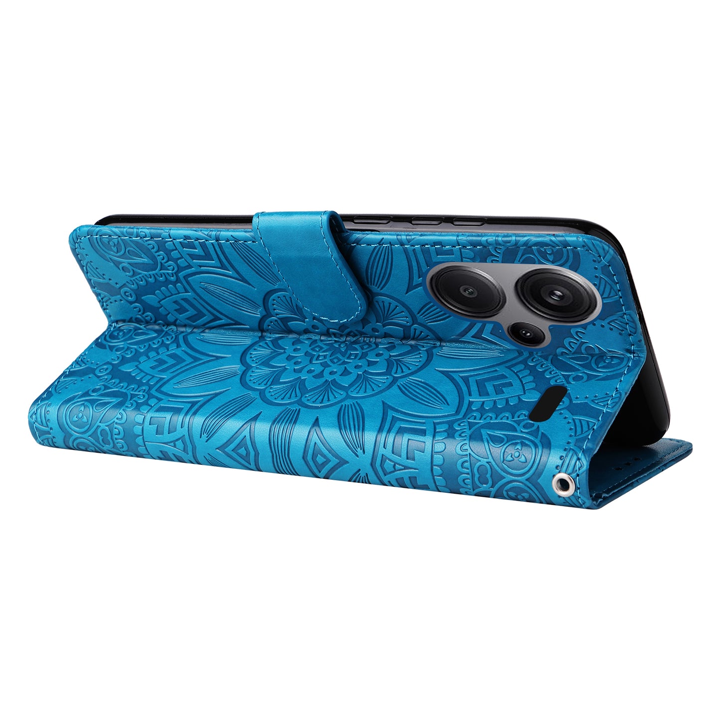 For Xiaomi Redmi Note 13 Pro+ 5G Leather Case Wallet Cover Stand with Strap, Sunflower Pattern - Blue