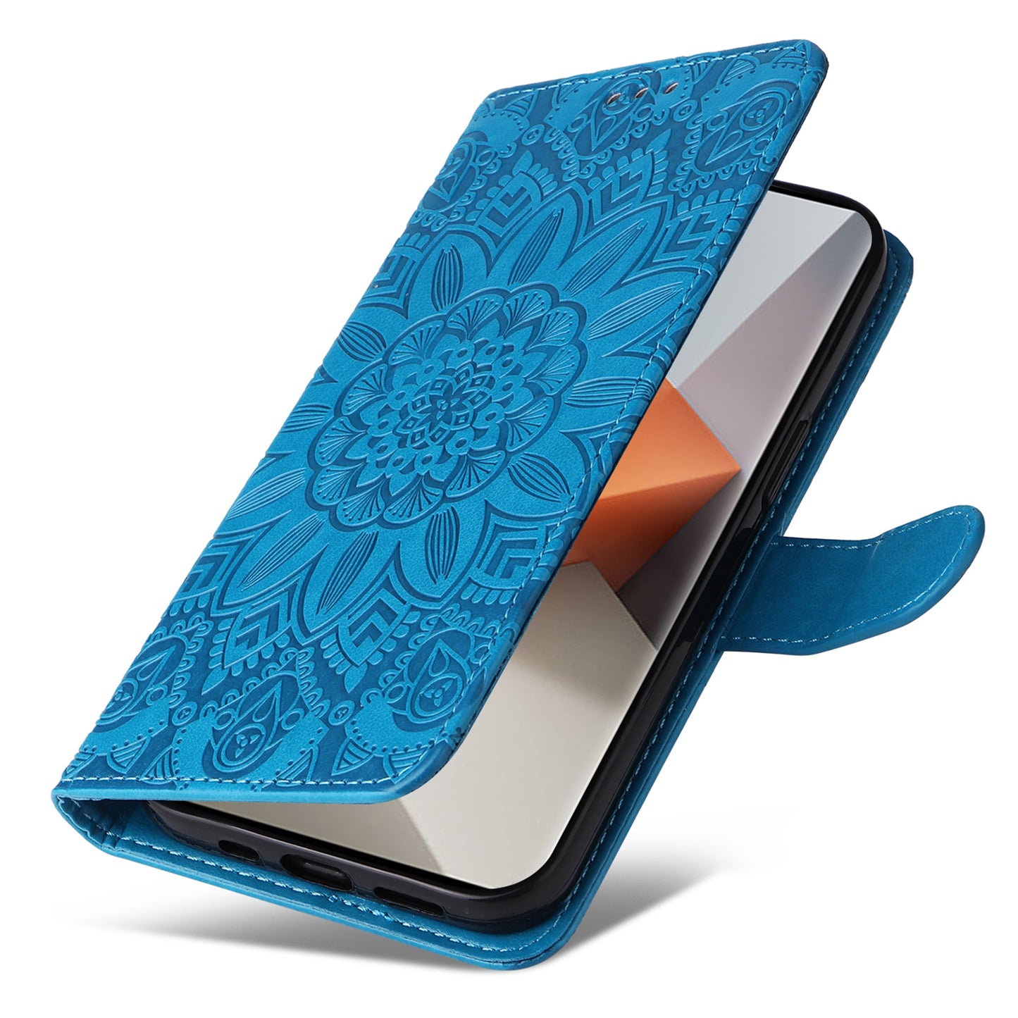 For Xiaomi Redmi Note 13 Pro+ 5G Leather Case Wallet Cover Stand with Strap, Sunflower Pattern - Blue
