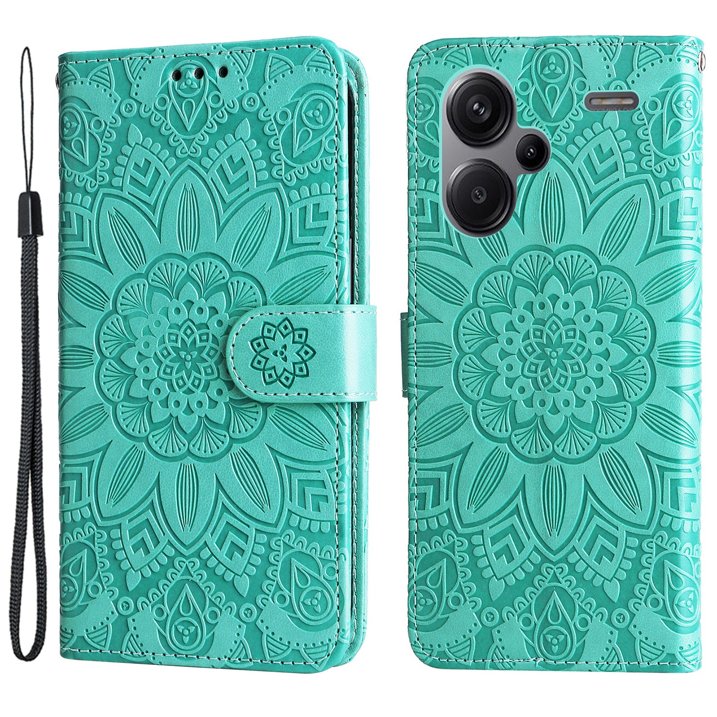 For Xiaomi Redmi Note 13 Pro+ 5G Leather Case Wallet Cover Stand with Strap, Sunflower Pattern - Green