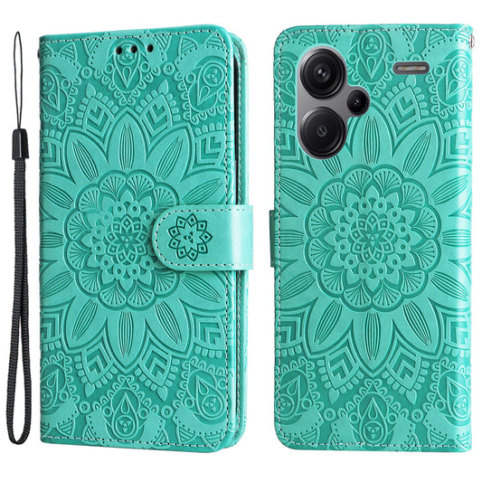 For Xiaomi Redmi Note 13 Pro+ 5G Leather Case Wallet Cover Stand with Strap, Sunflower Pattern - Green