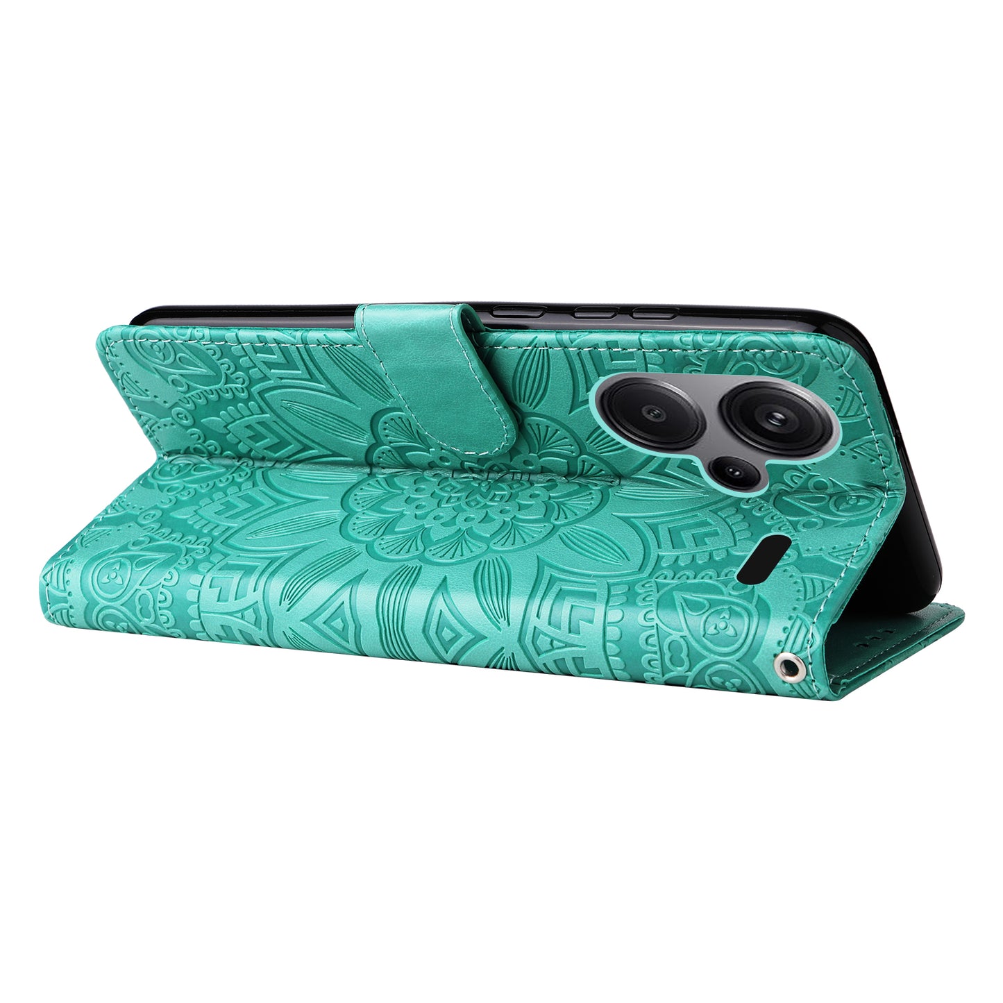 For Xiaomi Redmi Note 13 Pro+ 5G Leather Case Wallet Cover Stand with Strap, Sunflower Pattern - Green