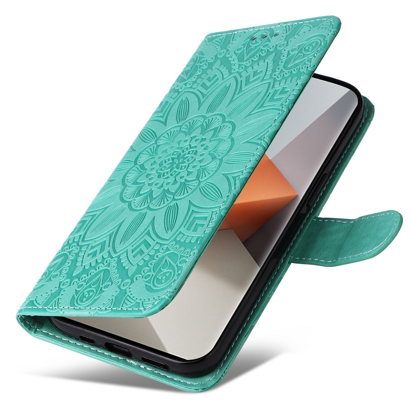 For Xiaomi Redmi Note 13 Pro+ 5G Leather Case Wallet Cover Stand with Strap, Sunflower Pattern - Green