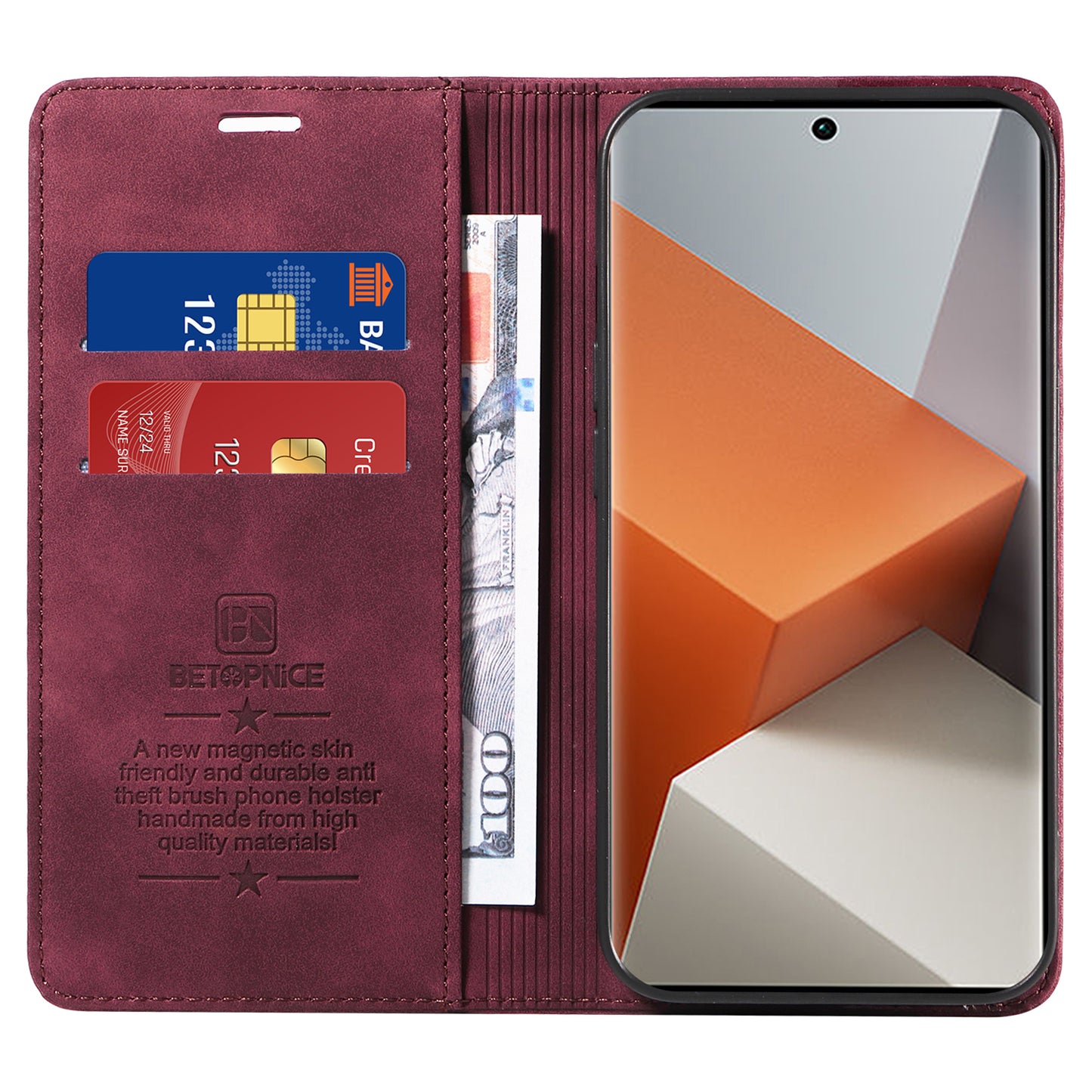 BETOPNICE 003 for Xiaomi Redmi Note 13 Pro+ 5G Wallet Case RFID Blocking Leather Cover - Red