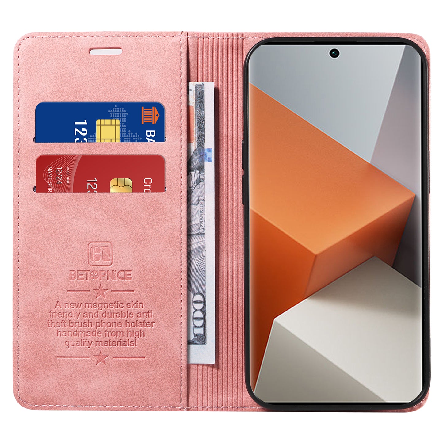 BETOPNICE 003 for Xiaomi Redmi Note 13 Pro+ 5G Wallet Case RFID Blocking Leather Cover - Pink