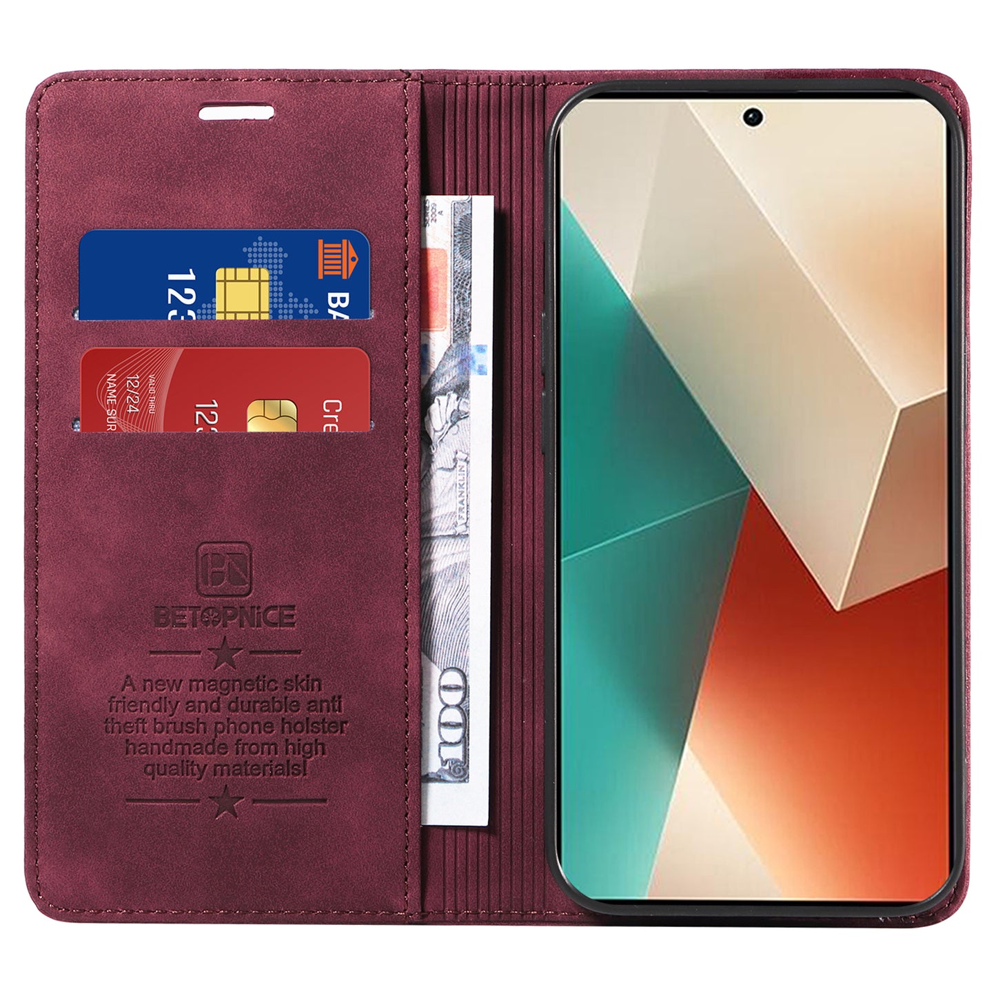 BETOPNICE 003 for Xiaomi Redmi Note 13 5G Leather Case RFID Blocking Stand Wallet - Red
