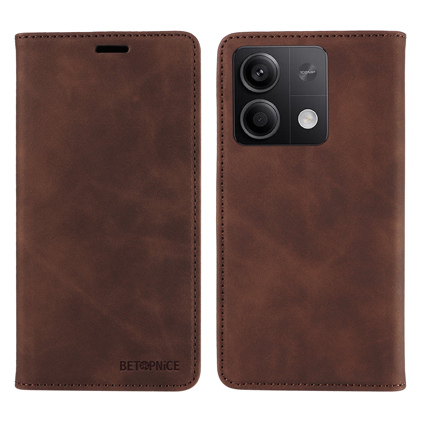 BETOPNICE 003 for Xiaomi Redmi Note 13 5G Leather Case RFID Blocking Stand Wallet - Brown