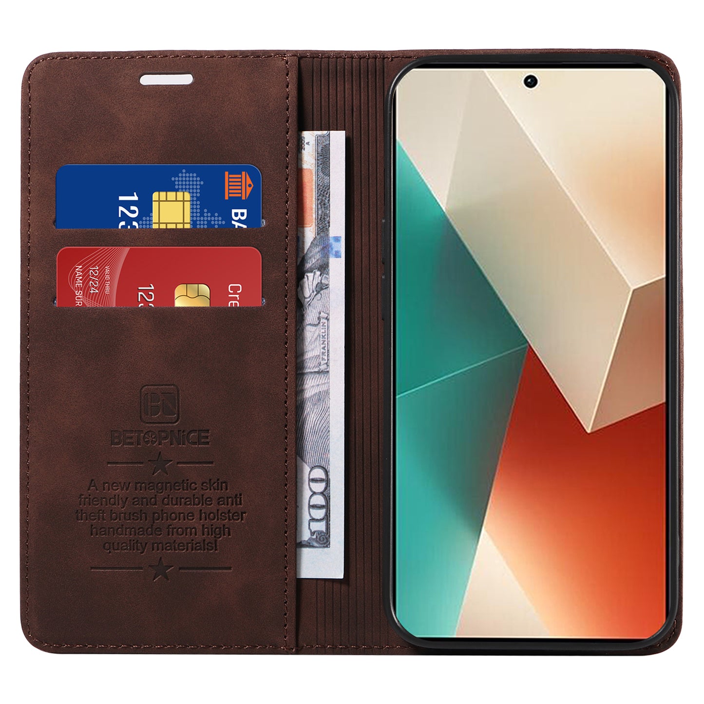 BETOPNICE 003 for Xiaomi Redmi Note 13 5G Leather Case RFID Blocking Stand Wallet - Brown