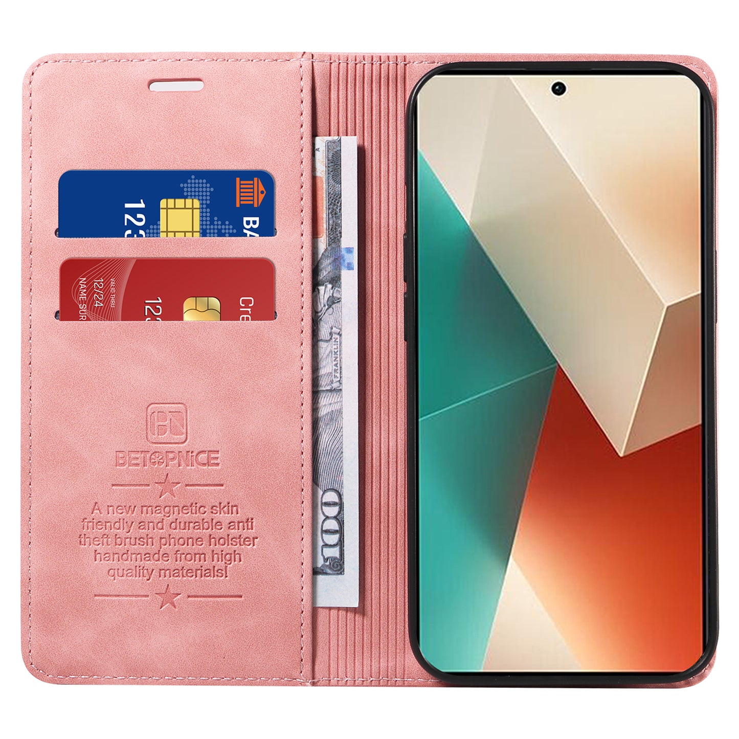 BETOPNICE 003 for Xiaomi Redmi Note 13 5G Leather Case RFID Blocking Stand Wallet - Pink