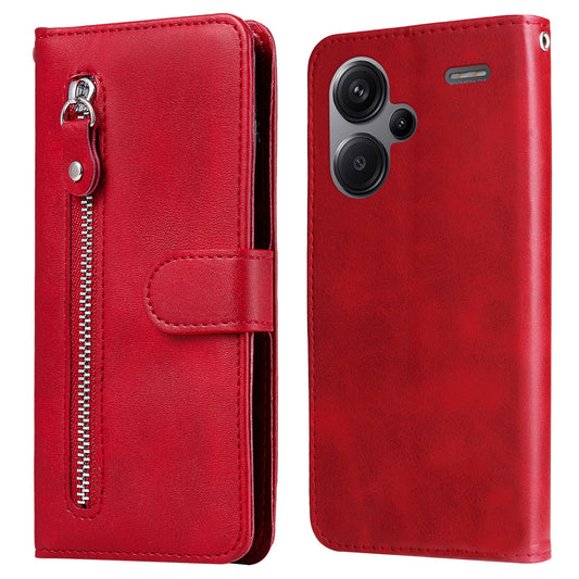For Xiaomi Redmi Note 13 Pro+ 5G Case Stand Calf Texture Leather Cover Zipper Wallet - Red