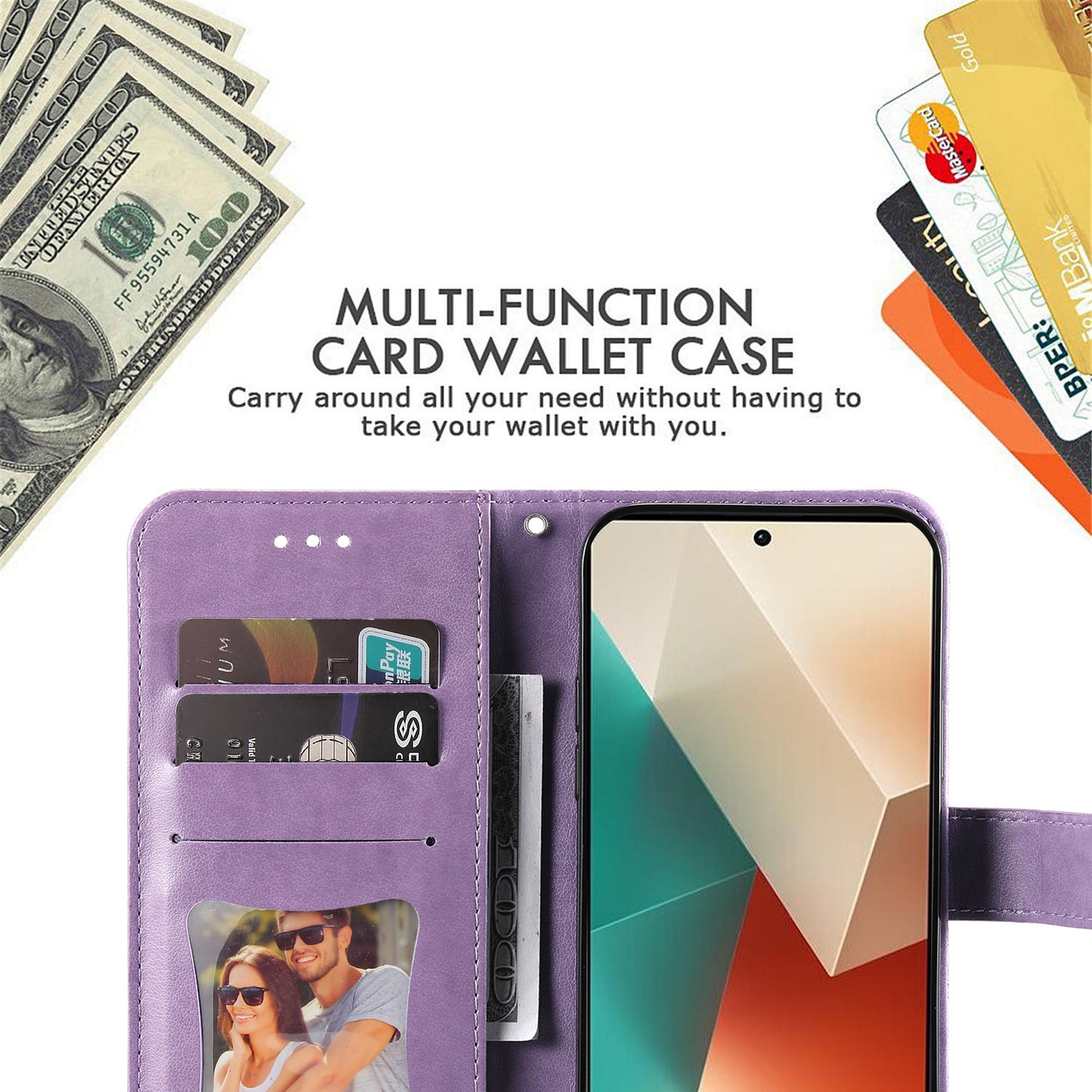 For Xiaomi Redmi Note 13 5G Case Leather Wallet Stand Cover, Blossoming Flower Printing - Purple