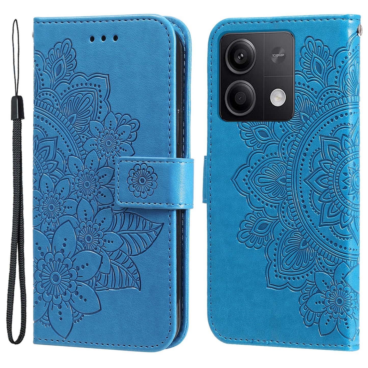 For Xiaomi Redmi Note 13 5G Case Leather Wallet Stand Cover, Blossoming Flower Printing - Blue