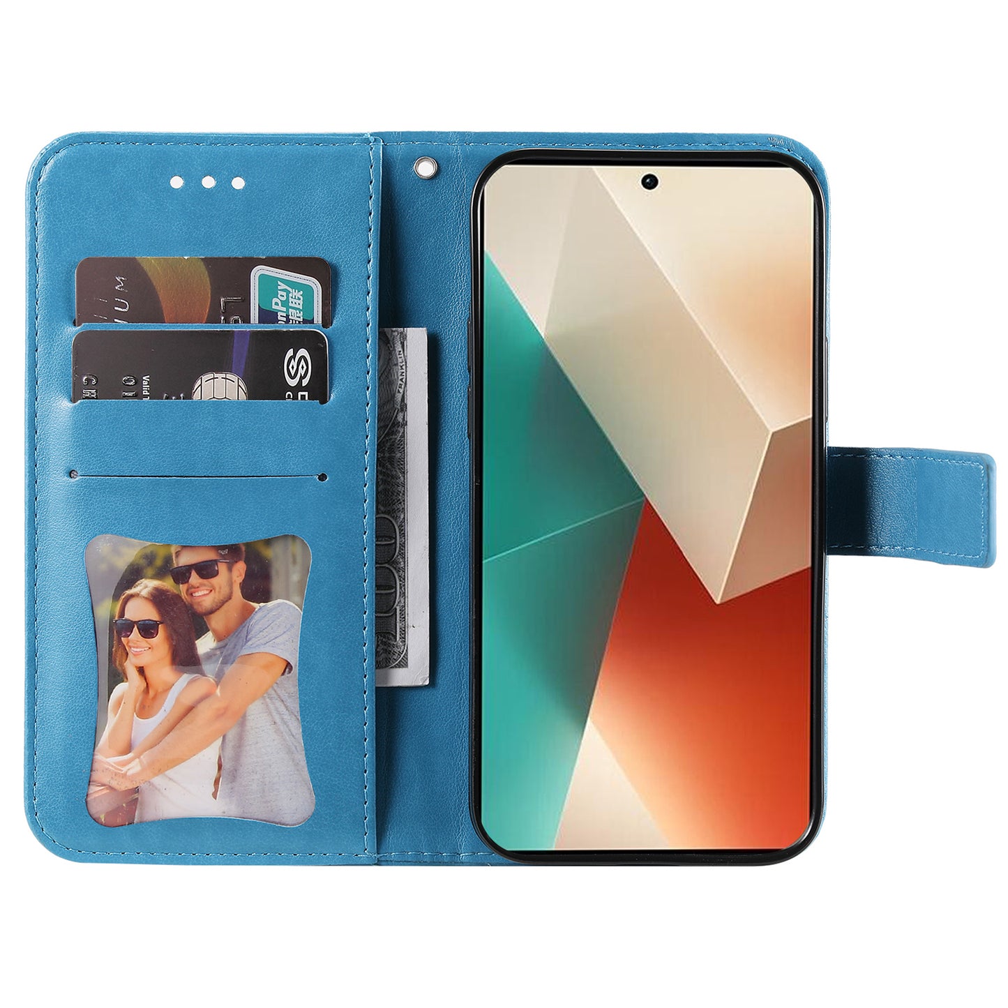 For Xiaomi Redmi Note 13 5G Case Leather Wallet Stand Cover, Blossoming Flower Printing - Blue